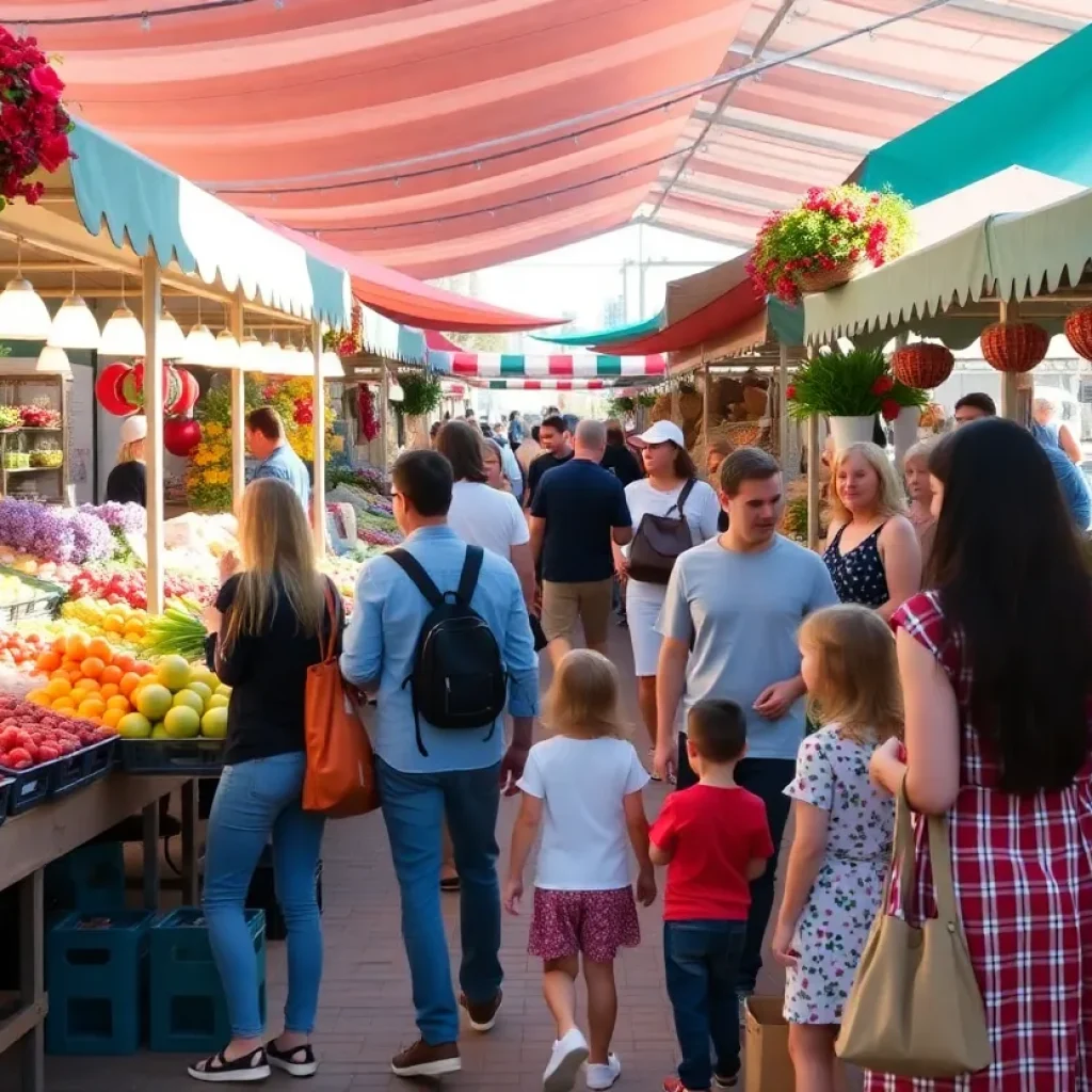 A bustling farmers market in Orange County displaying fresh fruits and vegetables.