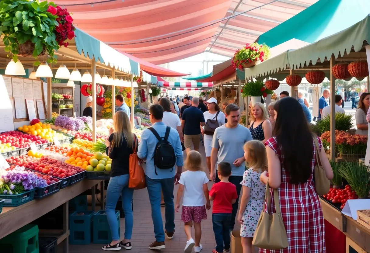 A bustling farmers market in Orange County displaying fresh fruits and vegetables.
