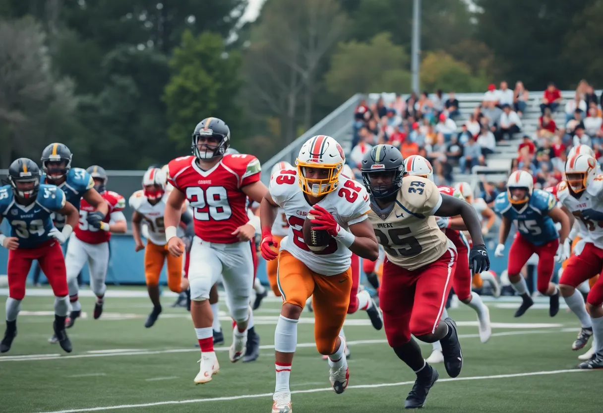 Athletes playing football on a field