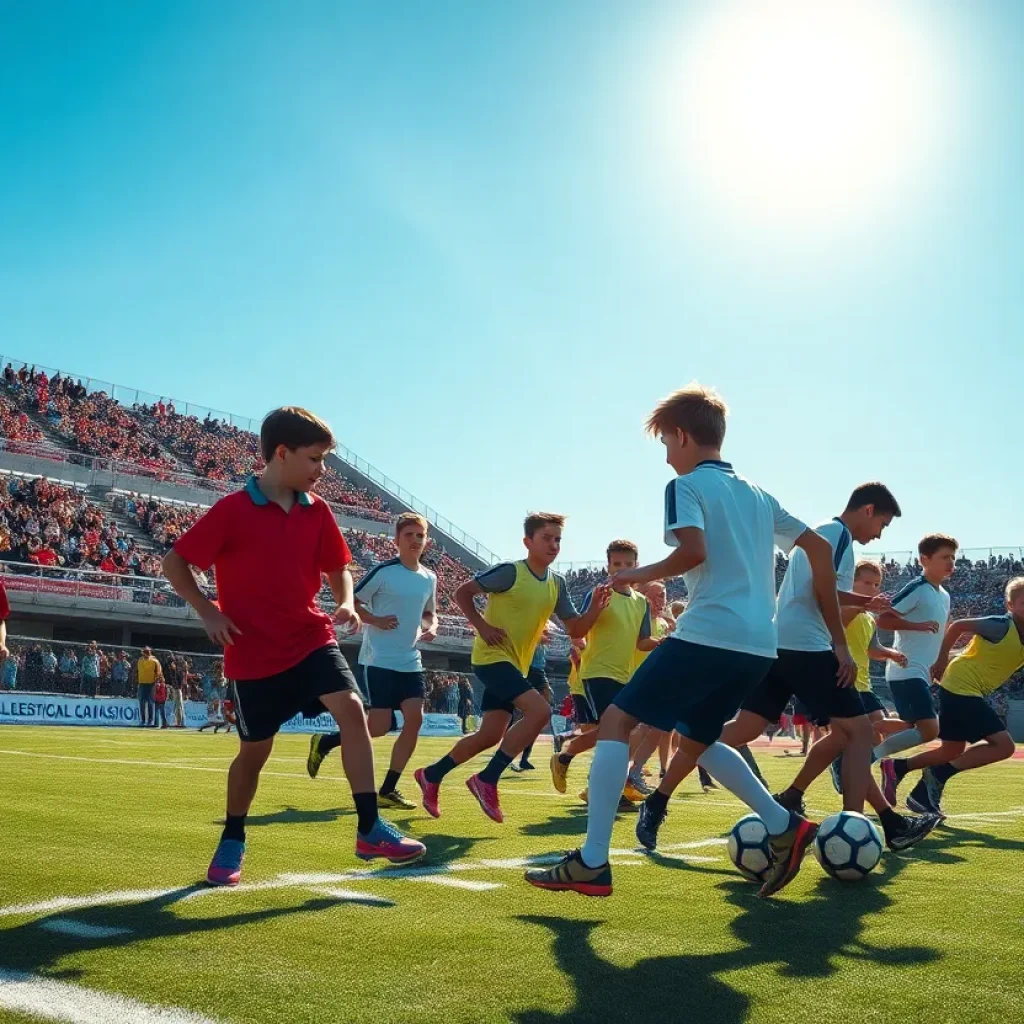 Young football players training on a field during practice