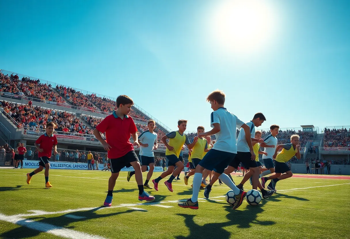 Young football players training on a field during practice