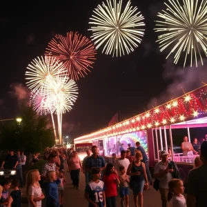 Colorful fireworks at a community Fourth of July celebration in Orange County