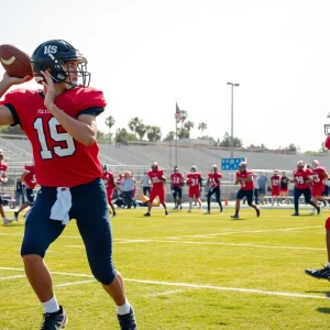 Players participating in a high school football passing tournament