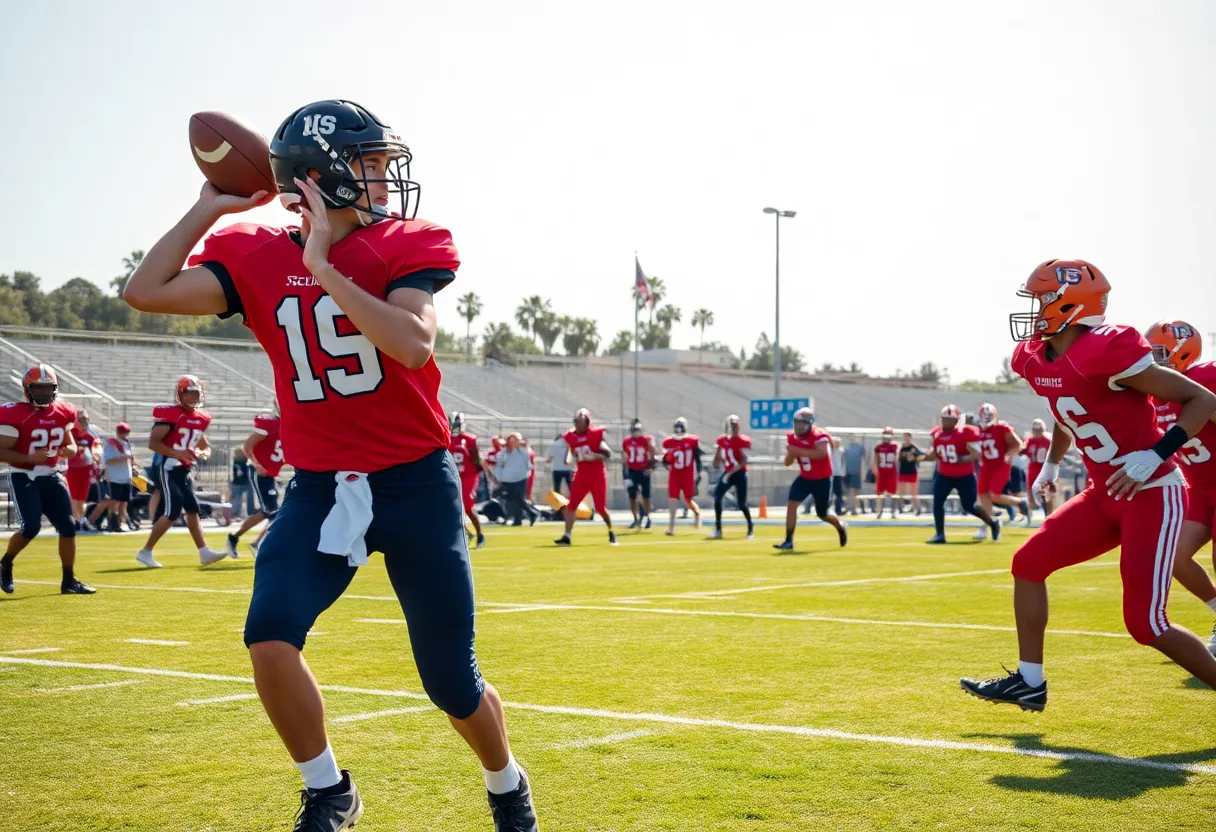 Players participating in a high school football passing tournament