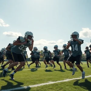 Young athletes practicing football at Indiana's training facility.