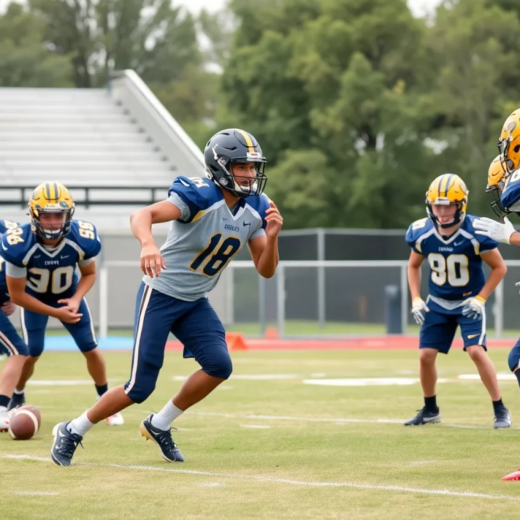 High school football players practicing on the field