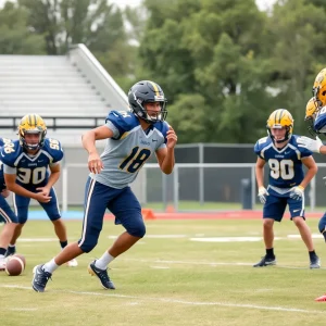 High school football players practicing on the field
