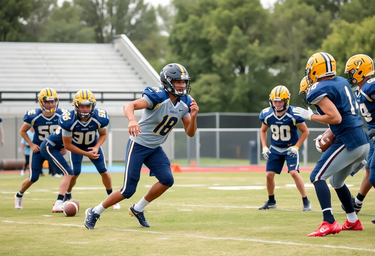 High school football players practicing on the field