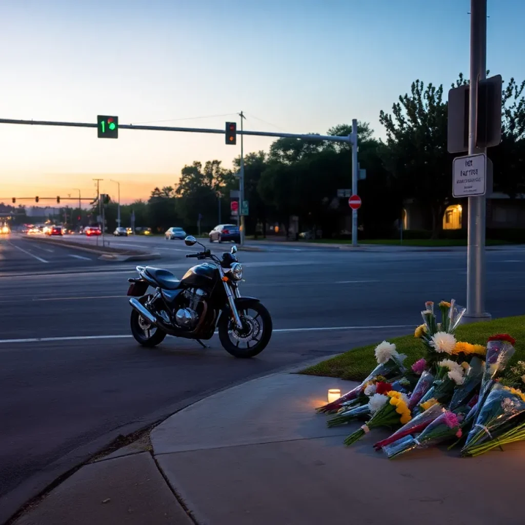 A motorcycle with flowers at a memorial site due to a tragic incident.