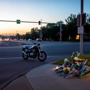 A motorcycle with flowers at a memorial site due to a tragic incident.
