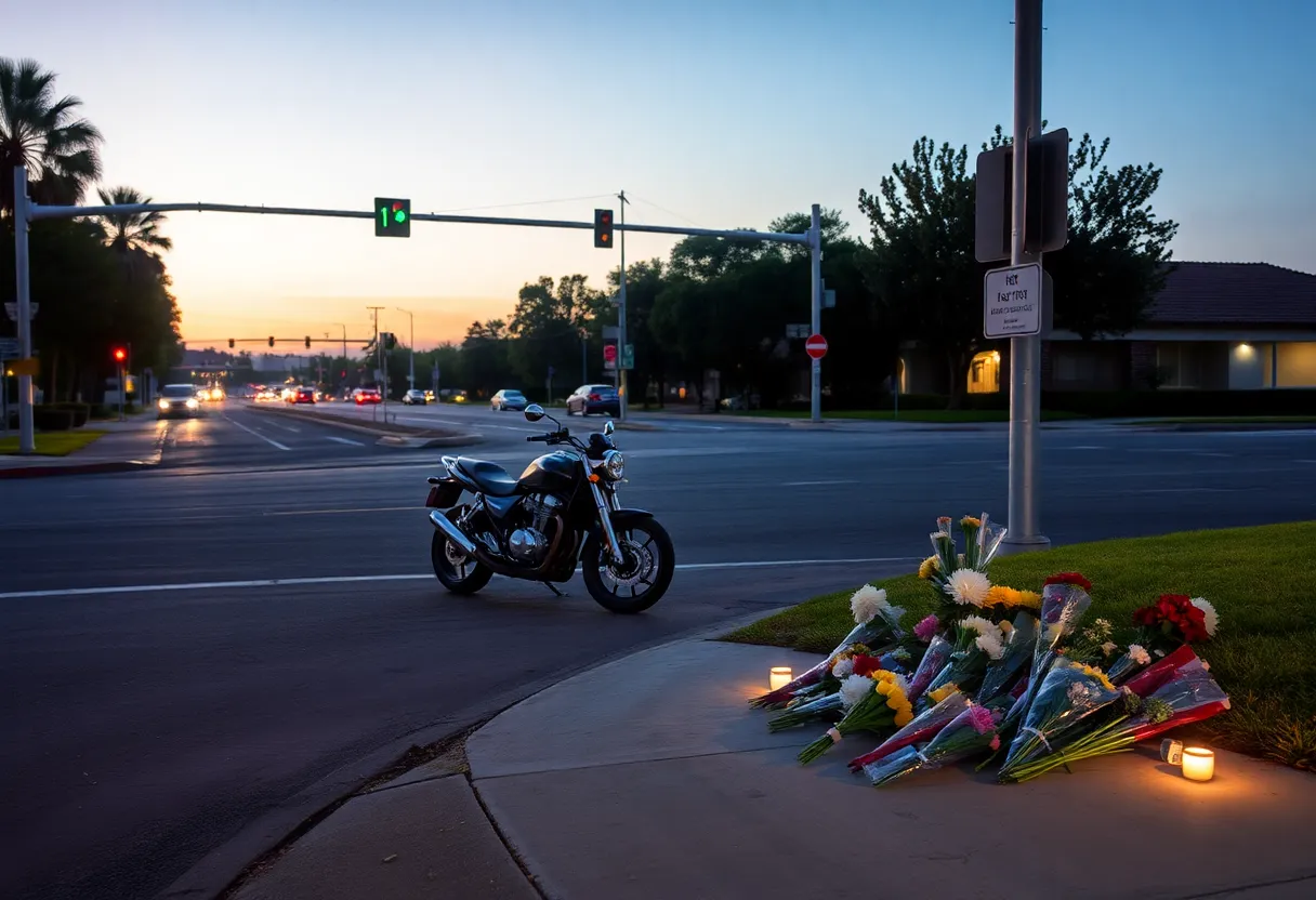 A motorcycle with flowers at a memorial site due to a tragic incident.