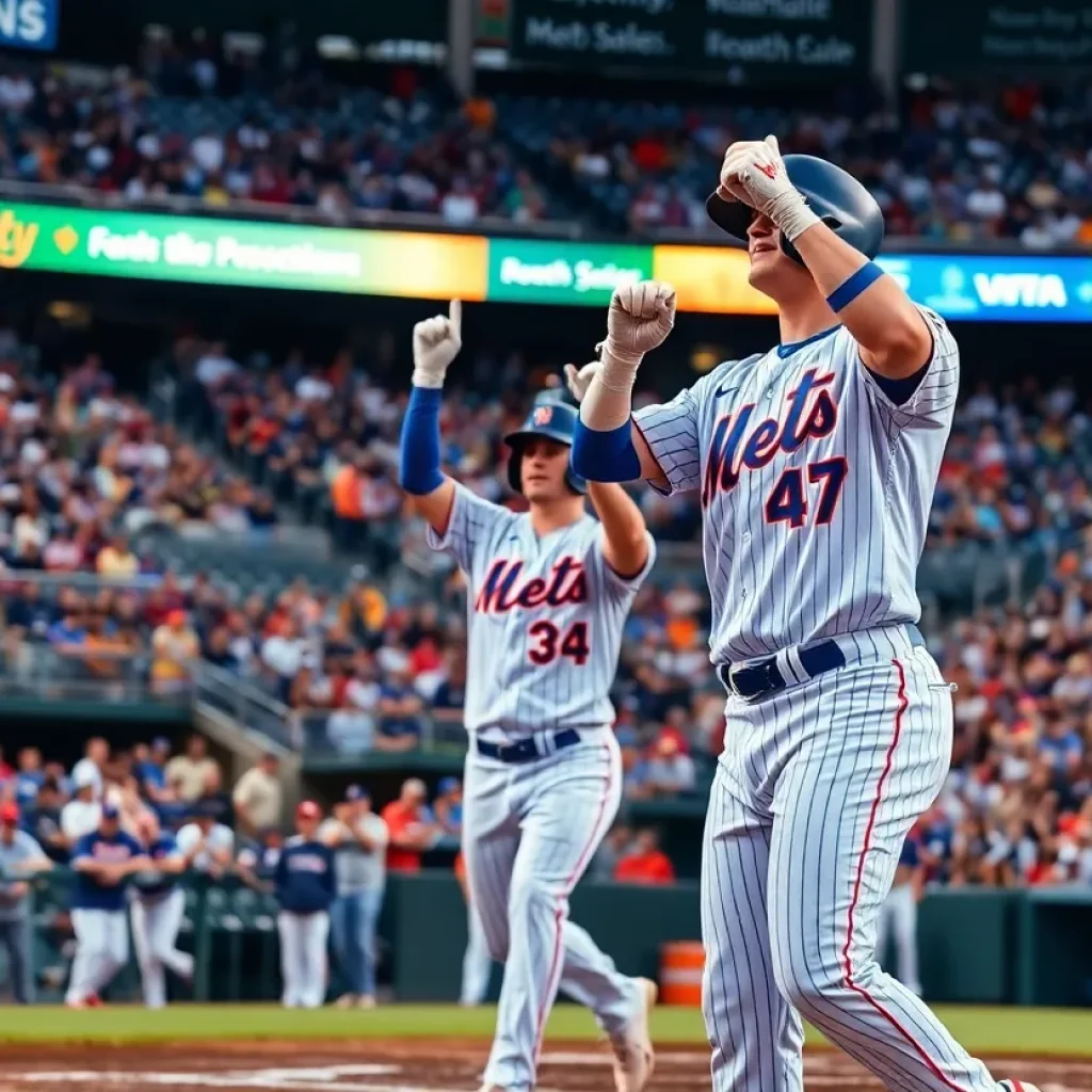 New York Mets players celebrating a home run during a game.