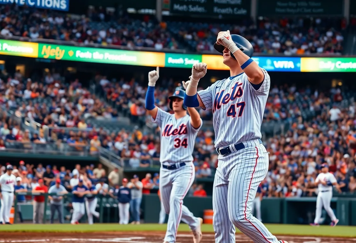 New York Mets players celebrating a home run during a game.