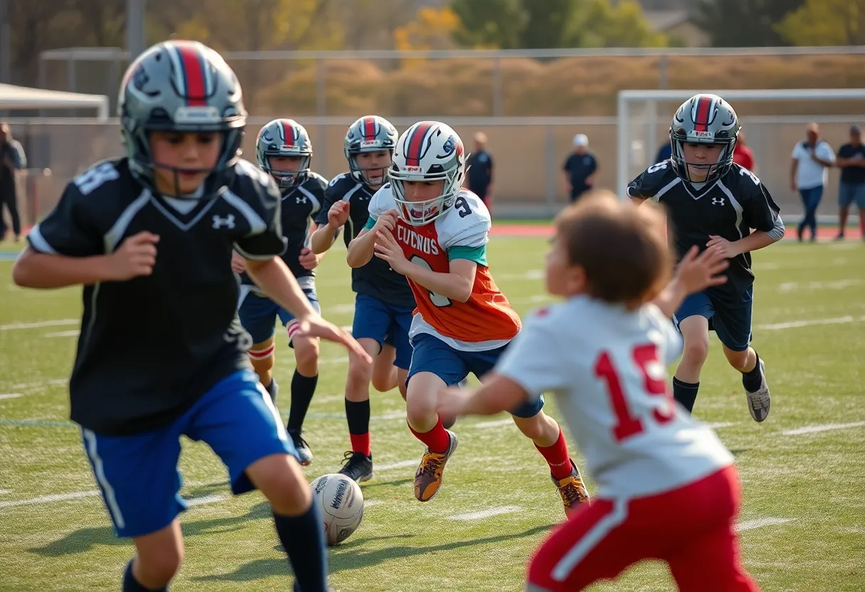 Young athletes practicing football, symbolizing recruiting success for Miami Hurricanes