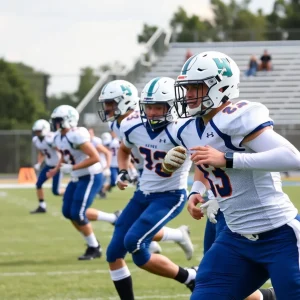 High school football players executing a play on the field