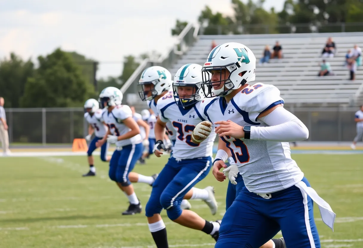 High school football players executing a play on the field