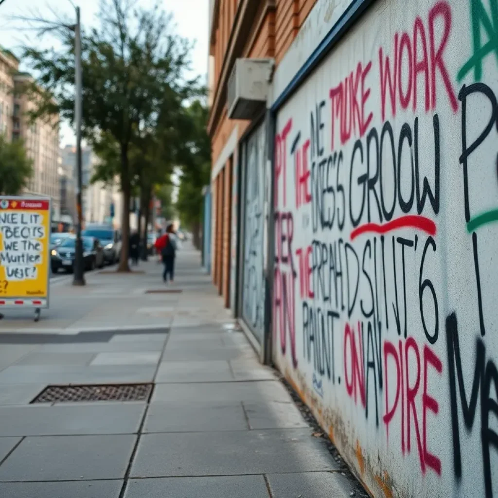 Graffiti with political messages on a Mission Viejo sidewalk