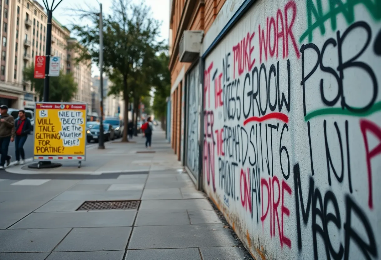 Graffiti with political messages on a Mission Viejo sidewalk