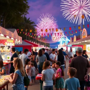 Families enjoying the Mission Viejo street faire with food, games, and fireworks