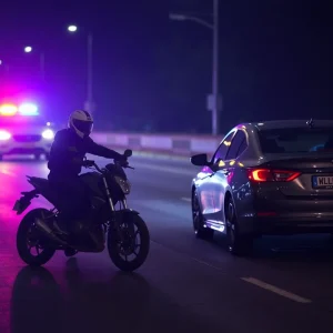 Traffic accident scene involving a motorcycle and a car.