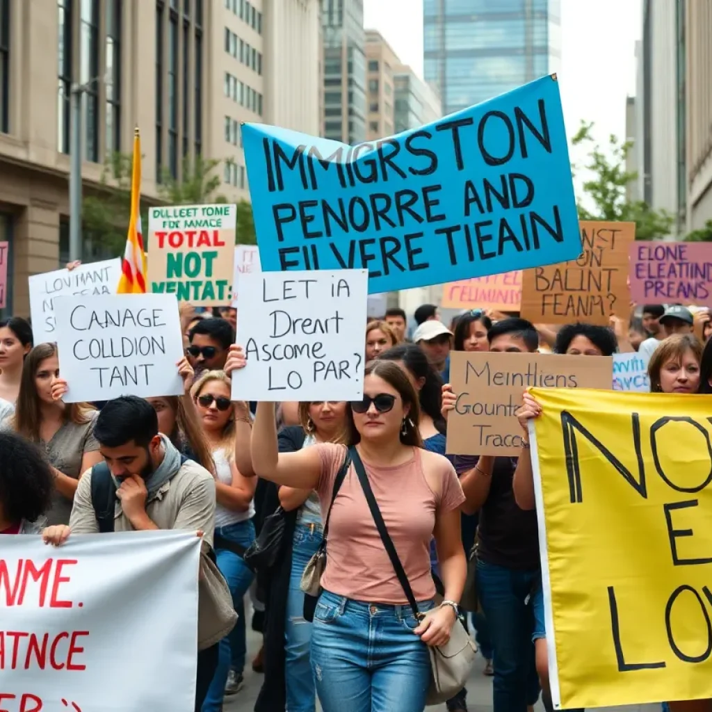 Activists protesting against immigration enforcement in a city setting