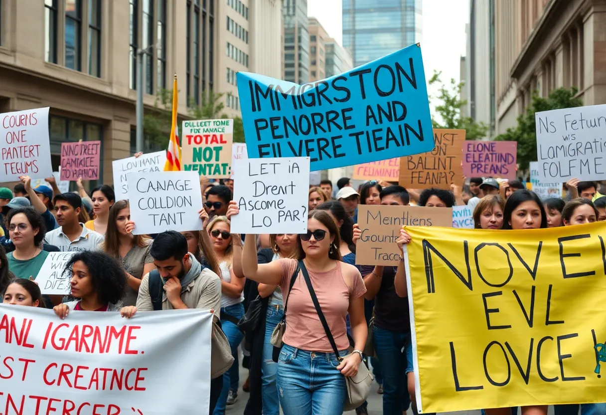 Activists protesting against immigration enforcement in a city setting