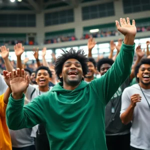 Group of college athletes celebrating in a stadium after NCAA settlement approval.