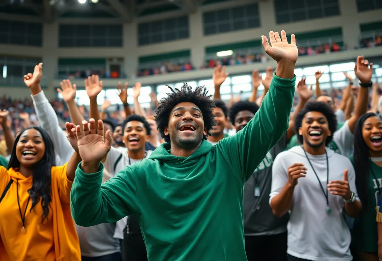 Group of college athletes celebrating in a stadium after NCAA settlement approval.