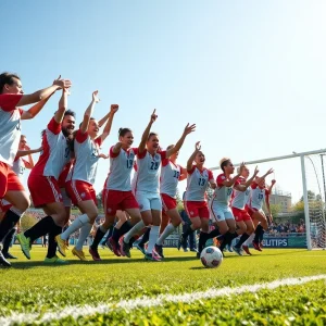 Orange Coast College men's soccer team celebrating a victory on the field