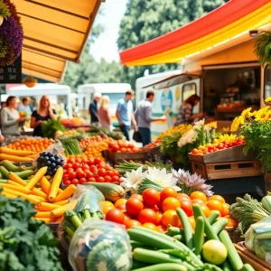 People shopping at a vibrant Farmers Market in Orange County