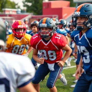 Diverse high school football athletes practicing on the field