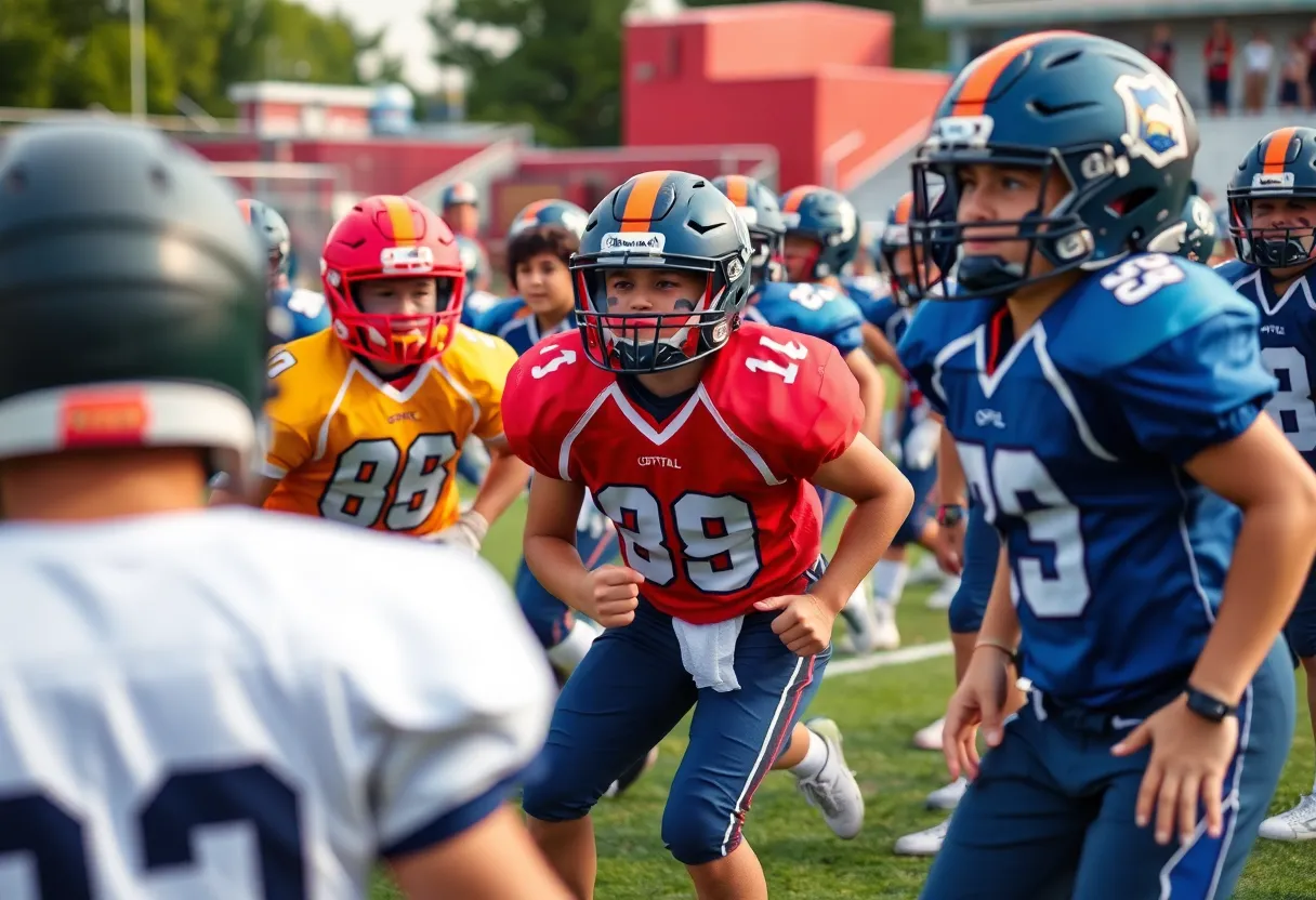 Diverse high school football athletes practicing on the field