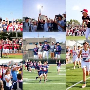 A collage of high school sports events in Orange County featuring baseball, football, and cross country.