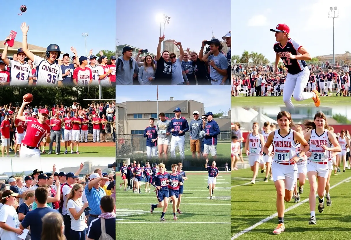 A collage of high school sports events in Orange County featuring baseball, football, and cross country.