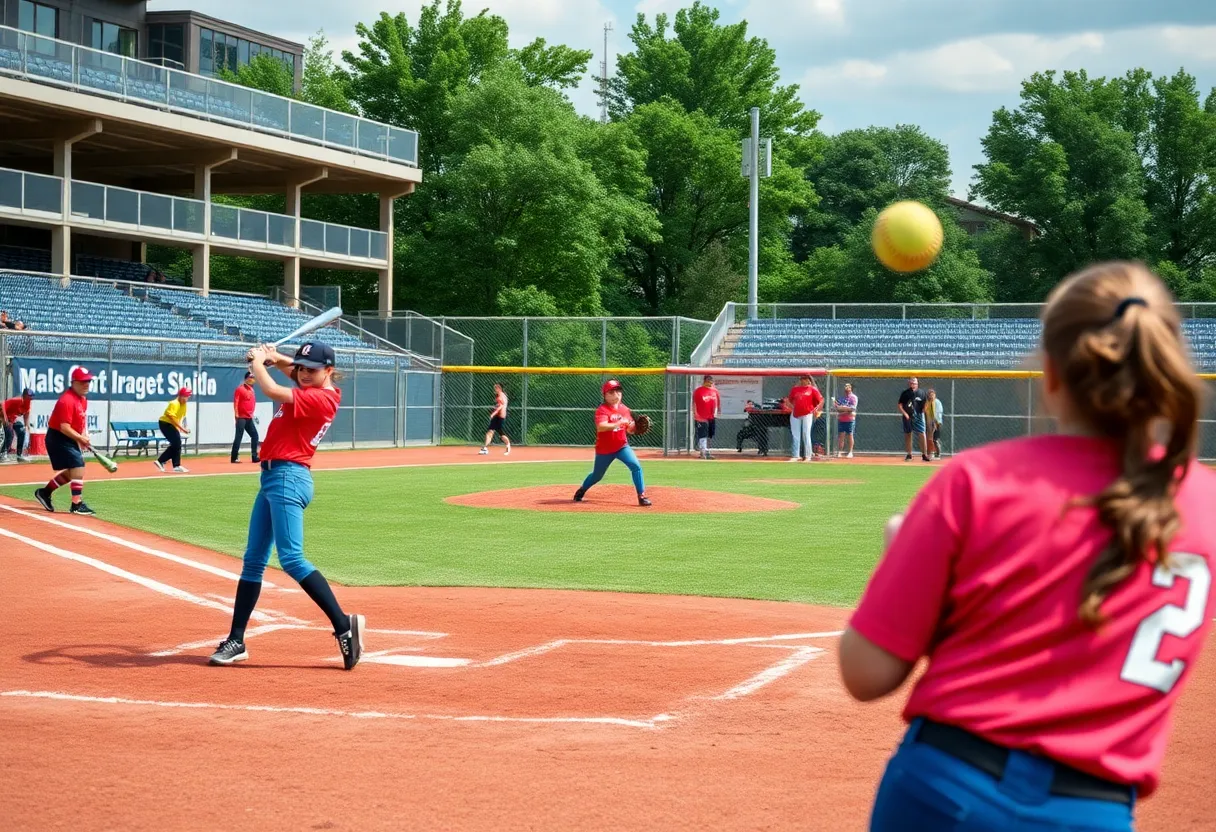 Youth softball players in action during the Orange County Softball Coaches Senior All-Star Classic