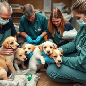 Volunteers with rescued puppies at Mission Viejo Animal Services Center