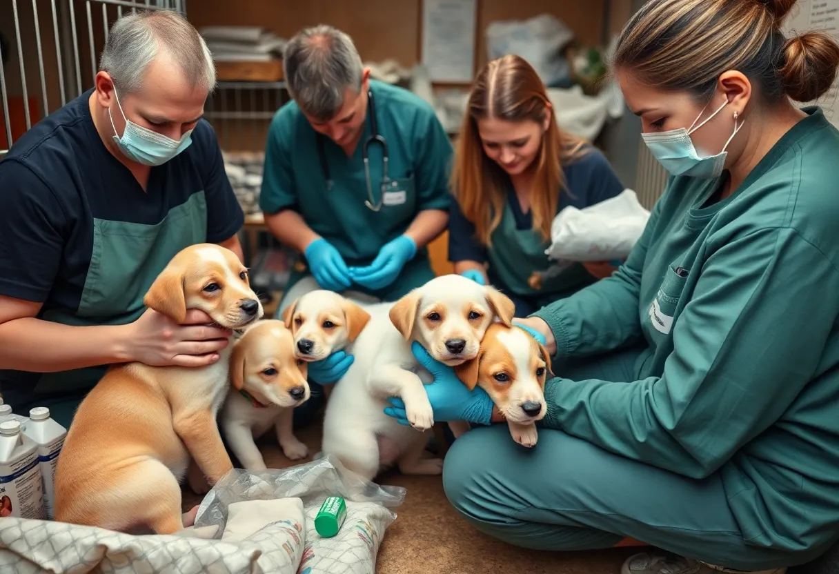 Volunteers with rescued puppies at Mission Viejo Animal Services Center