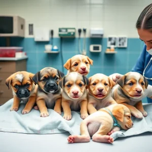 Seven puppies receiving medical care at an animal center.