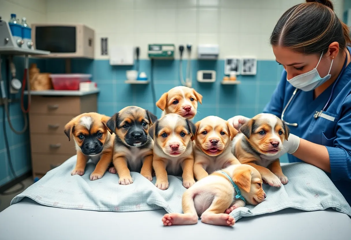 Seven puppies receiving medical care at an animal center.