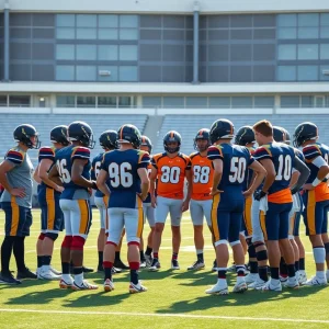 Saddleback High School football team huddling on the field