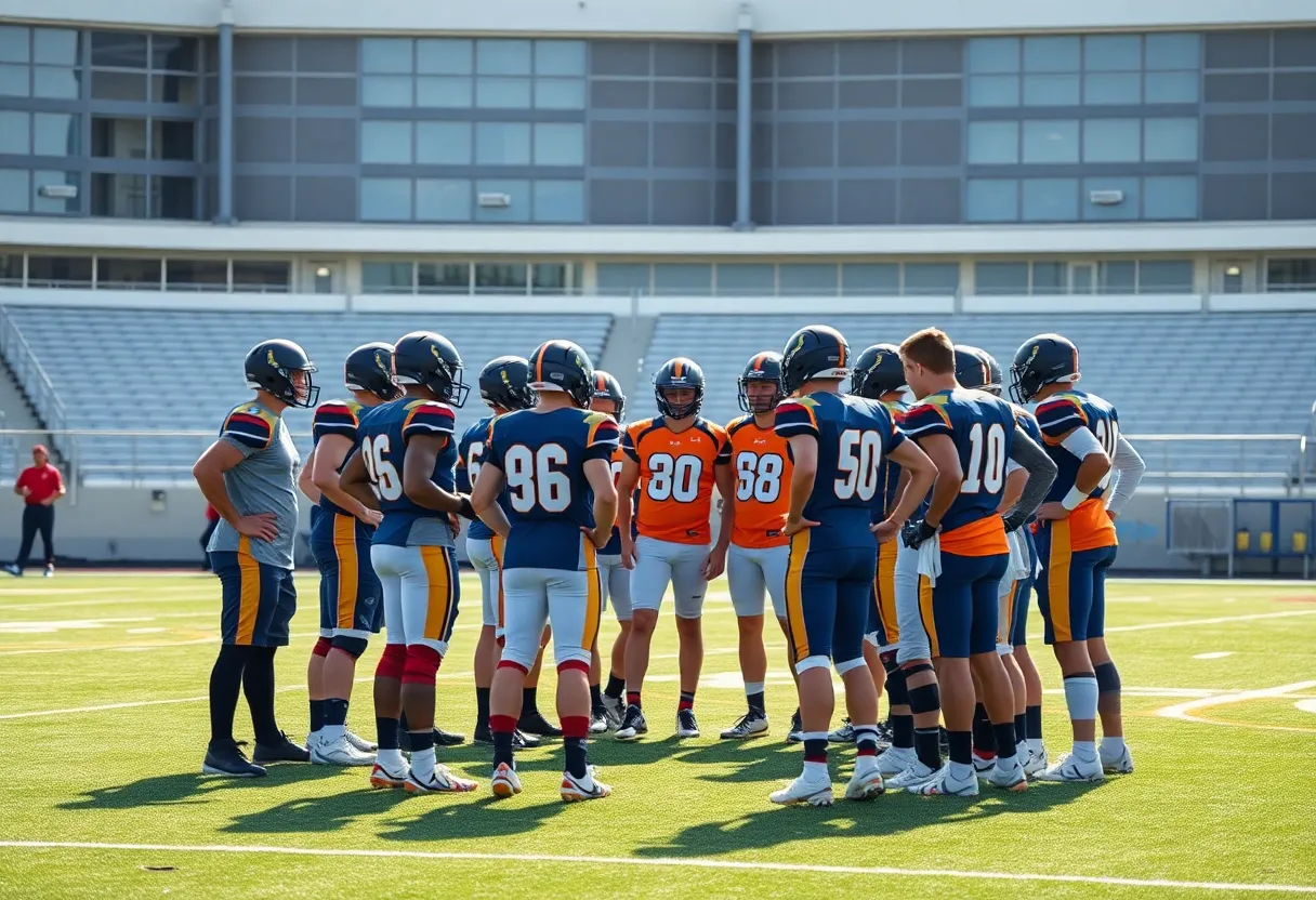 Saddleback High School football team huddling on the field
