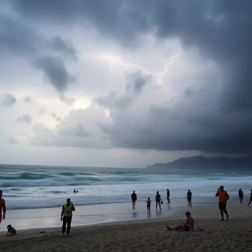 A stormy beach with lifeguards and beachgoers evacuating due to lightning.