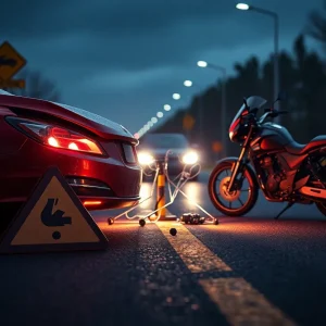 Abstract illustration of a roadway accident involving a car and motorcycle.