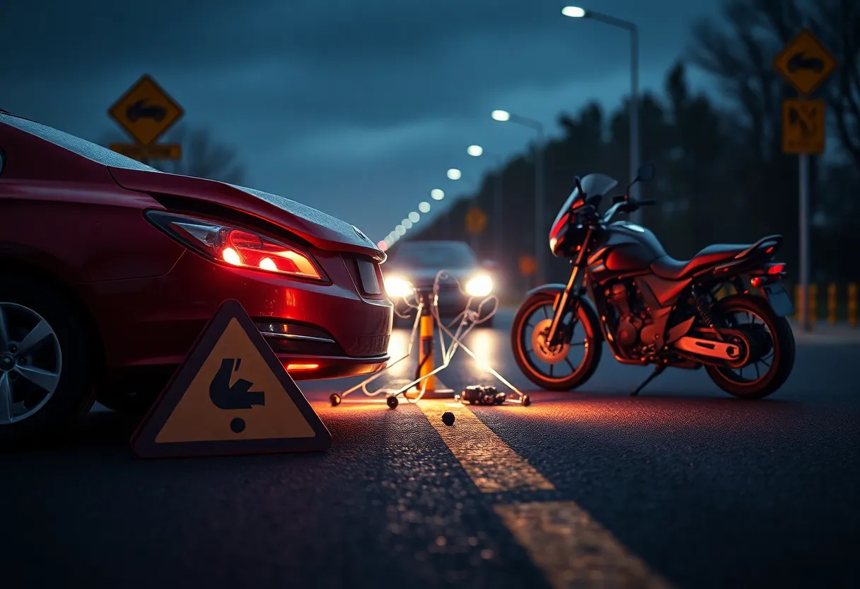 Abstract illustration of a roadway accident involving a car and motorcycle.