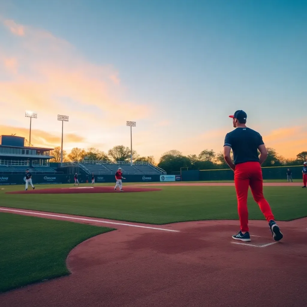 Tulane University baseball players practicing on the field