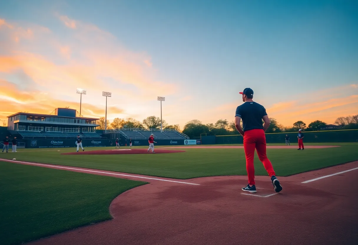 Tulane University baseball players practicing on the field