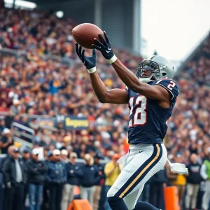 Wide receiver catching a football in a stadium