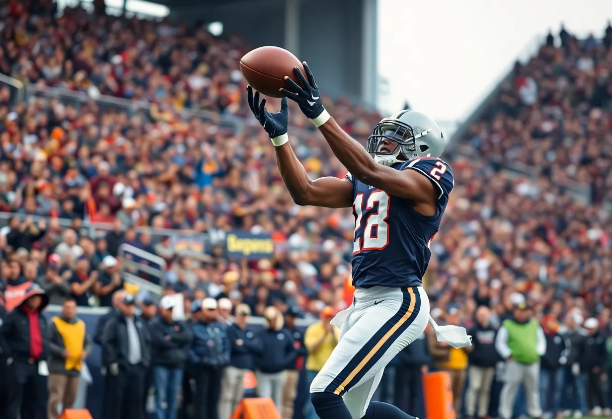 Wide receiver catching a football in a stadium