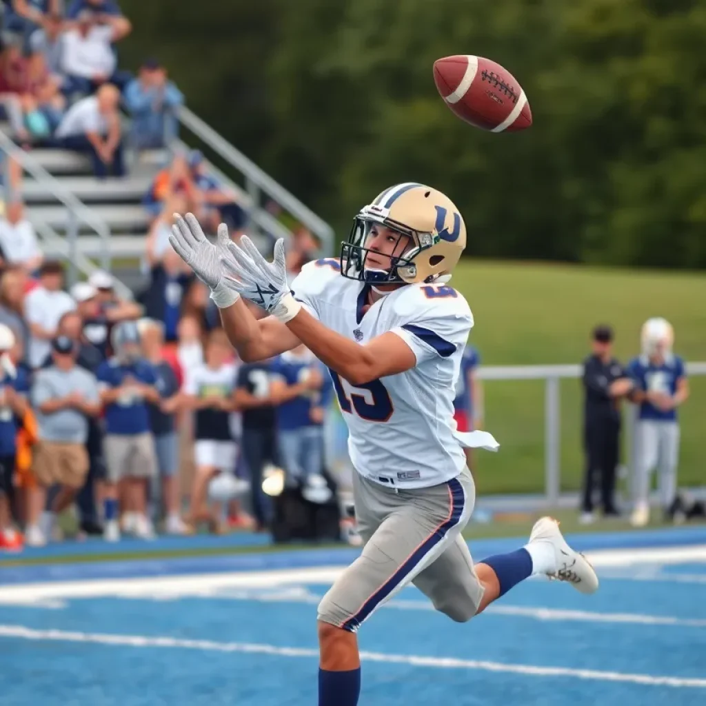 High school football player catching a pass during a game.
