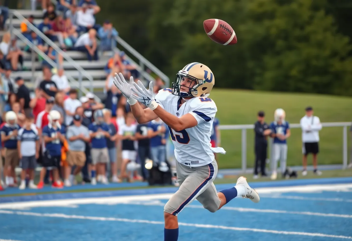 High school football player catching a pass during a game.
